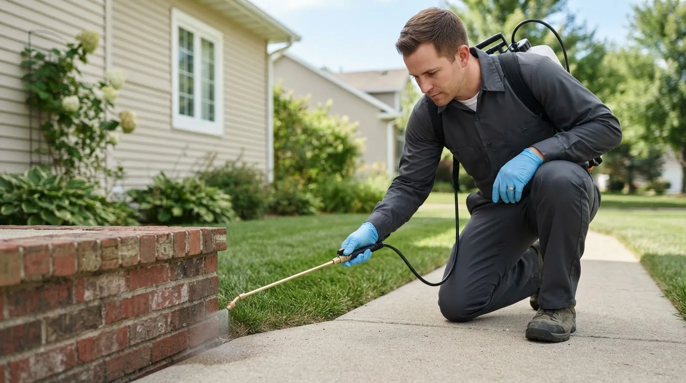 Pest control technician treating a home near Poplar, WI