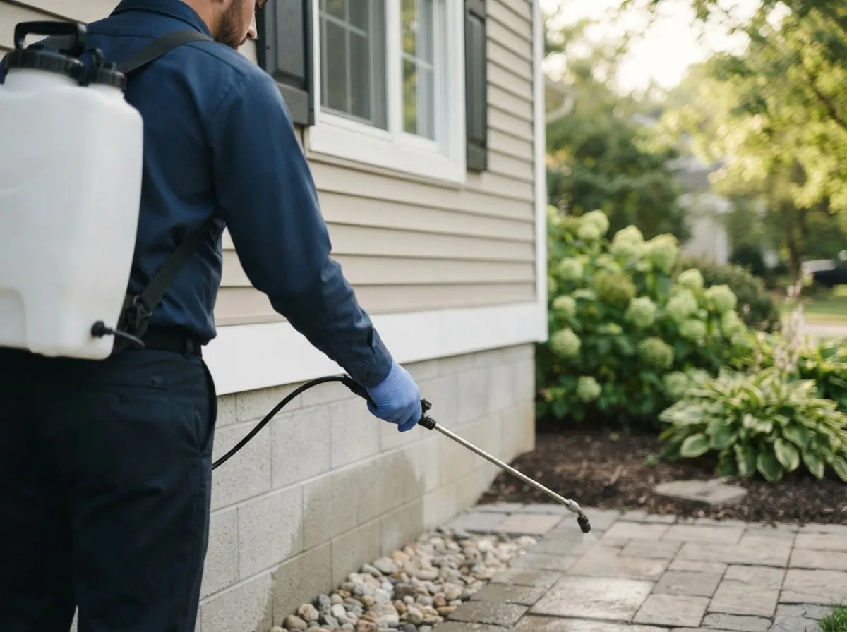 Pest control technician inspecting a home in Poplar, WI